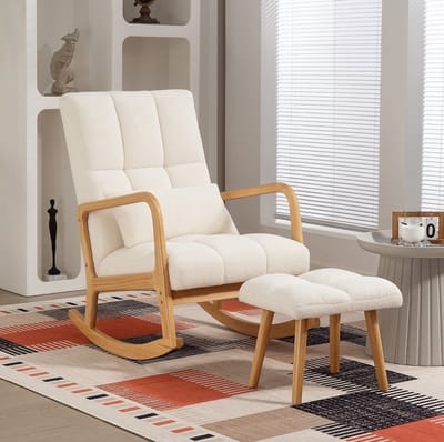 Schommelstoel - Fauteuil Met Hocker - Ergonomisch Met Hoge Rugleuning En Armleuningen - Voor Woonkamer En Slaapkamer - Hout En Stof Wit