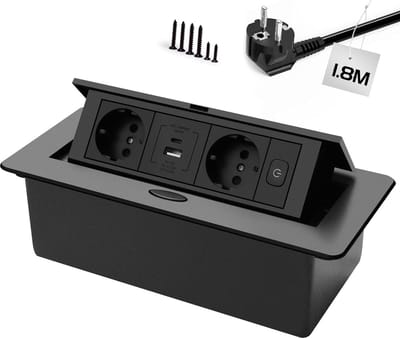 StayPowered Inschuifbaar Stopcontact - Slim en Ruimtebesparend - 2 Stopcontacten - USB-A en USB-C Poorten - PD 20W Snellader - 1,8m Kabel - Vlamvertragend Materiaal - Eenvoudig Bediening met Schakelaar - Zwart - Levering Sneller dan Aangegeven!