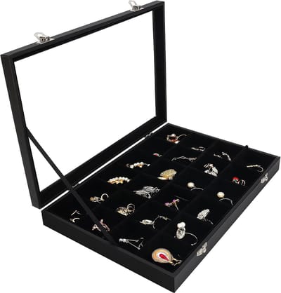 Famanu – Sieraden opbergtray van velours, 24 vakken met glazen deksel, stapelbaar voor lade of kast, zwart
