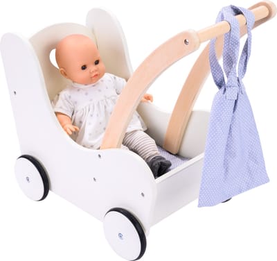 Poppen Loopwagen Grijs/Wit – Houten Poppenwagen met Matrasje, Dekentje, Kussentje & Opbergtas – Geschikt voor Alle Poppen – Engelhart