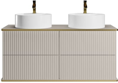 Vente-unique Zwevend gestreept badkamermeubel met gouden biezenrand en dubbele ronde opzetwastafel - Beige - 120 cm - KELIZA