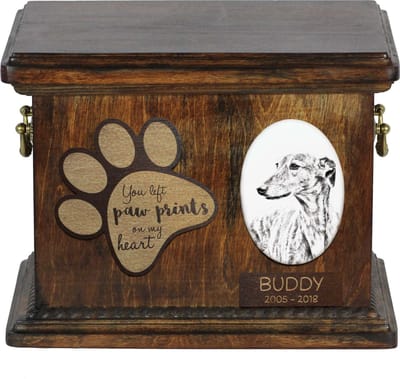 Persoonlijke urn voor Engelse Greyhound met foto en as van je hond