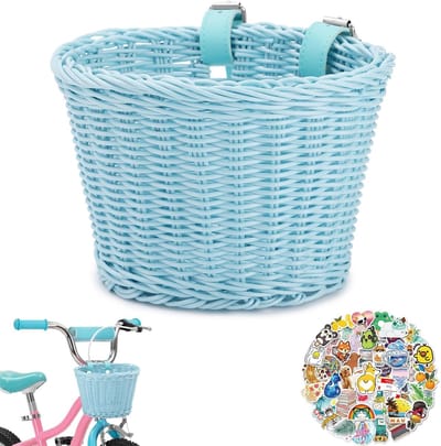 Fietsmandje kinderfiets set-Fietsmandje meisjes-Handgeweven fietsmand voor jongens en meisjes - inclusief bel - stuurhanger en stickers-22x16cm - blauw