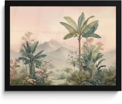 Poster in lijst - Fotolijst 40x30 cm - Posters - Tropisch landschap - palmbomen - Bloemen - Roze lucht - Posterlijst zwart - Decoratie - Wanddecoratie woonkamer - Muurdecoratie slaapkamer