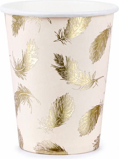 PARTYDECO - 6 kartonnen bekers Lovely Swan roze en gouden veren 220 ml