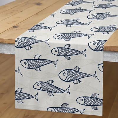 Abakuhaus Tafelloper – Doodle-Fisch Zeeleven, 40x180 cm – Donkerblauw Kokosnoot