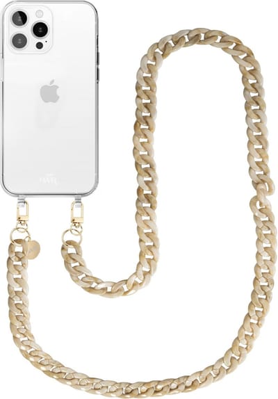 xoxo Wildhearts siliconen hoesje - Geschikt voor iPhone 15 Pro Max - Cream Latte - Telefoonhoesje - Hoesje met koord - Beige koord - lang telefoonkoord - Transparant hoesje (lange variant)