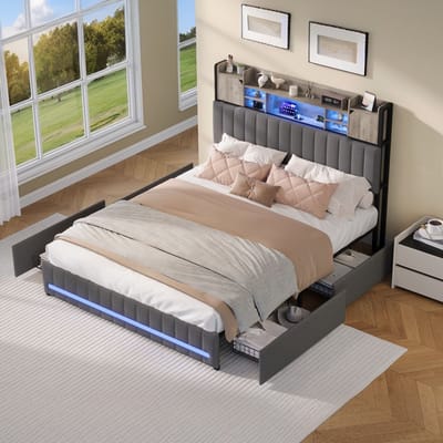 Gestoffeerd bed 140x200 cm met LED en USB - tweepersoonsbed met lattenbodem en opbergruimte, Opbergbed met 4 lades, Grijs linnen, zonder matras