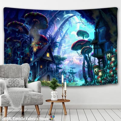 Tapisserie murale de rêve de conte de fées, immense tapisserie de champignons, château de sorcellerie, décoration de chambre d'enfant hippie 95x70CM blue
