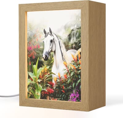 Nachtlampje 15x20 cm - Kinder lampje - Paard - Wit - Bos - Bloemen - Planten - Tafellamp kinderkamer - Slaapkamer lamp - Bedlamp kinderen - Kinderlampje stopcontact - Wandlamp babykamer - Nachtlampjes