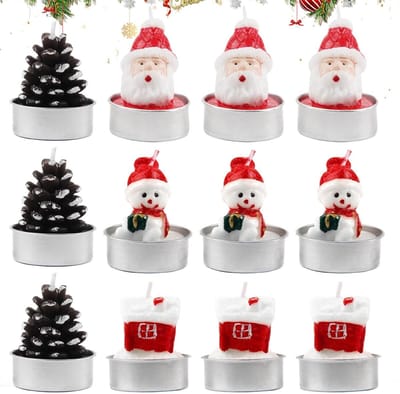 Mini Theelichten voor Kerst - 12 Stuks met Sneeuwman, Dennenappels en Kerstman - Perfect voor Tafeldecoraties en Cadeaus tijdens Feestdagen