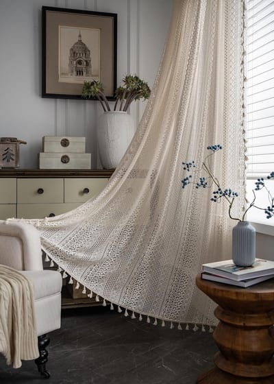 iyoimono Boho gordijnen, set van 2, beige, kopermunt, vintage gordijnen, landhuisstijl, gehaakt gebreid, gordijnen, polyester, katoen, kwastjes, transparant gordijn voor keuken, woonkamer, slaapkamer