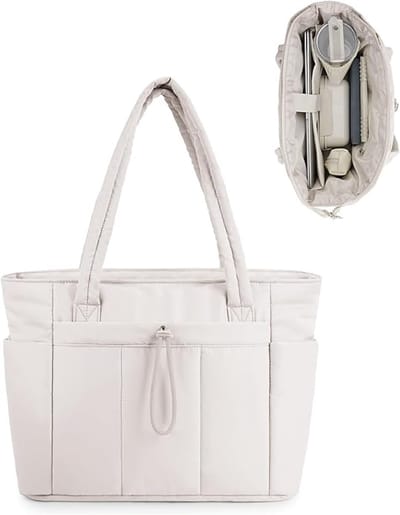 Dameshandtas/schoudertas, 20 liter, grote gewatteerde shopper met laptopvak (15,6 inch) en flessenhouder (1,18 liter), ideaal voor kantoor, school, reizen en winkelen,Beige
