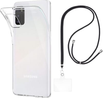 Set met hoesje en nekband voor Samsung Galaxy a41 - Flexibele, transparante TPU-bescherming, verstelbare universele nekband voor mobiele telefoons, zwarte nekband, transparante draagriem van Phonillico®