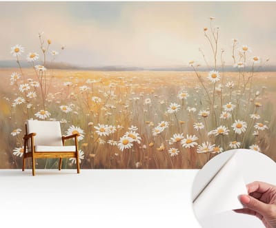 Wallfluent Zelfklevend Behang - Bloemenweide Stickerbehang op rol - 416x254 cm - Wit Zelfklevend Behang - Plakklare achterzijde - Voor de slaapkamer, woonkamer en hal Zelfklevend Behang