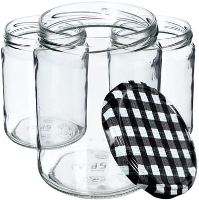 KADAX Weckpotten, 540 ml, inmaakpotten voor schroefdeksel, jampot, voorraadpot, conservenglas, ronde glazen (zwart geruit, 8 stuks)
