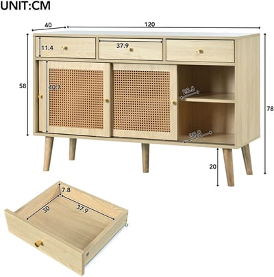 Dressoir, ladekast met 3 laden en 3 schuifdeuren, rotan vlechtwerk op de deurfronten, massief houten poten, gouden metalen handgreep, verstelbare planken, eikenhout, 120 x 40 x 78 cm