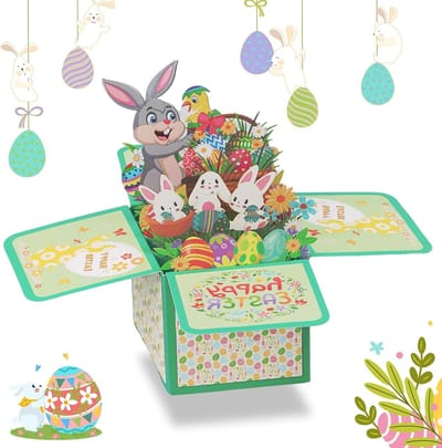 Vrolijke 3D paaskaart met pop-up hazen en paaseieren, perfect voor geldcadeaus en cadeaubonnen voor kinderen, inclusief envelop en bloemenpatroon