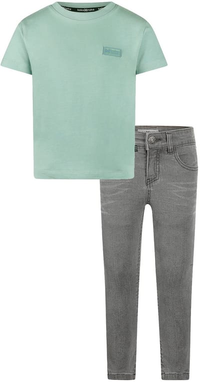 Koko Noko - Kledingset - Basic Collection - Bio Cotton - Grijze jeans - Shirt korte mouw faded green - Maat 92