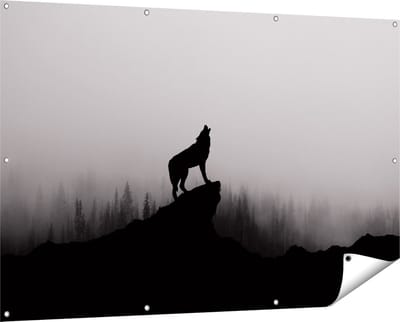 Gards Tuinposter Silhouet van een Huilende Wolf - Abstract - 150x100 cm - Tuindoek - Tuindecoratie - Wanddecoratie buiten - Tuinschilderij