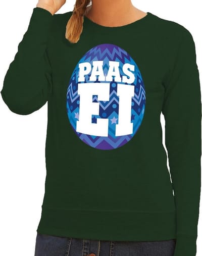 Groene Paas sweater met blauw paasei - Pasen trui voor dames - Pasen kleding XS