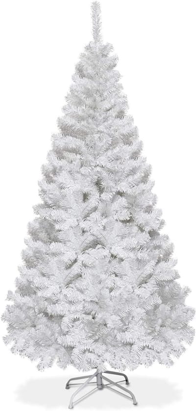 COSTWAY Kunstkerstboom 180 cm - Realistische Kunststof Kerstboom met sneeuw - met metalen standaard - pvc 650 takken - Wit