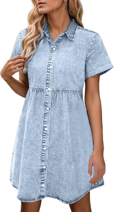 Klassieke Denim Jurk - Korte Mouwen Jurk - Casual Dagelijks - Verborgen Zakken - Blauw