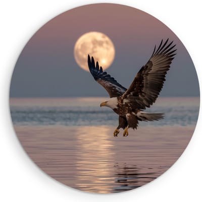 Saammp Muurcirkel Hout - Zeearend met volle maan - Dieren - Bloemen - Ø 90 - Wandcirkel - Wanddecoratie Cirkel - muurdecoratie Woonkamer - Slaapkamer decoratie - Rond Schilderij