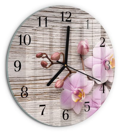 Tulup Wandklok - Orchidee Glazen Wandklok Design - 30fi cm - Paars Klok Glas Met Opdruk - Zwarte Handen - Ronde Wandklok - Gekleurde Glazen Klok - Glazen Klok Met Print