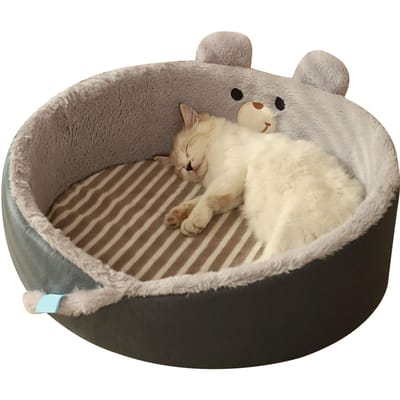 Kattenkussen Bed Rond Zacht Konijnenhaar Warmhouden Cartoonstijl Wasbaar Klein Hondenbed voor Klein Huisdier beige