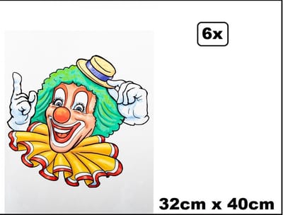 6x Raamsticker Funny clown 32 x 40cm - Carnaval thema feest festival party feest decoratie versiering