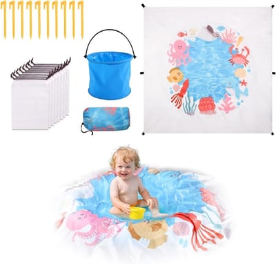Baby Strandbad, Draagbaar Polyester Zwembad voor Peuters met Cartoon Oceaan Thema, Inclusief PVC Emmer en Praktische Accessoires voor Jonge Kinderen