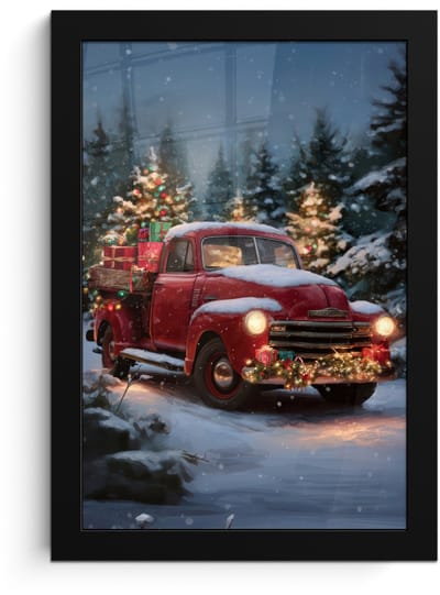 Poster in lijst - Fotolijst 20x30 cm - Posters - Kersttruck - Sneeuwbos - Rood - Posterlijst zwart - Decoratie - Wanddecoratie woonkamer - Muurdecoratie slaapkamer - Kerstversiering - Kerstdecoratie voor binnen - Kerstmis