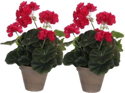 Mica Decorations Kunstplant - 2x - geranium - rood - in pot - 34 cm - nepplanten - kunstbloemen
