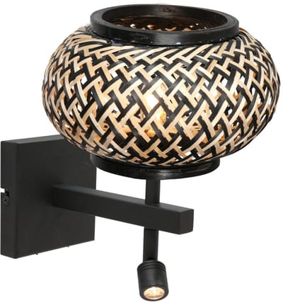Wandlamp Nox Light 4456ZW met bamboe kap en flexibel leeslicht, zwart metaal, Ø 23 cm, Steinhauer
