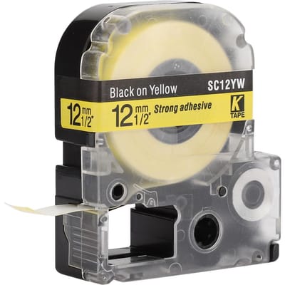 Ruban Machine à Étiquettes 12 mm Haute Qualité Compatible King Jim Epson SR230CH Longueur 8 Mètres 12 mm Fond Jaune Noir