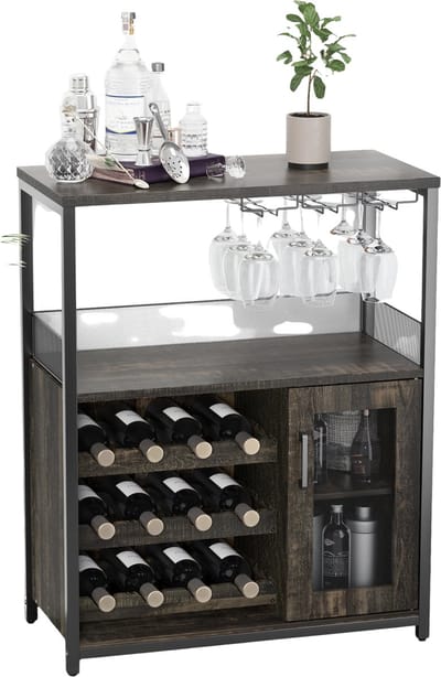 Industrieel Dressoir - Voor Woonkamer & Eetkamer - Buffetkast met Wijnrek - Metaal & Gaasdeur - keukenkast - Dark Wood