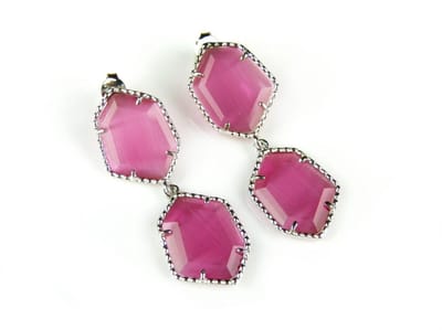 Zilveren oorringen oorbellen Model Hexagon met roze stenen