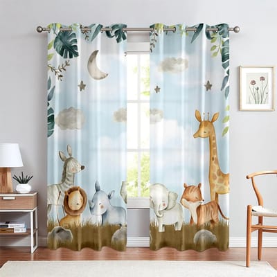 Dierenraamgordijnen in cartoonstijl voor kinderkamers, Tijger, Olifant, Giraf, 2 Panelen, Jongens, Meisjes, Woonruimte, Slaapkamerruimte Decor W50X160H(CM)X2PCS&Rod pocket