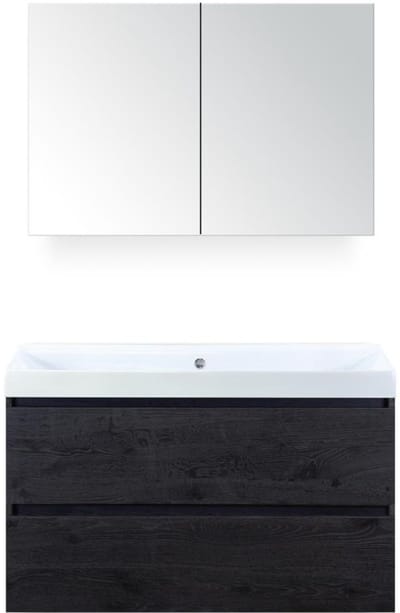Maxx XL Badmeubelset 100 cm - Black Oak - Wastafel Just Zonder Kraangat met Spiegelkast