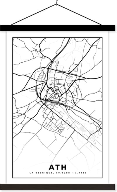 Posterhanger incl. Poster 40x60 cm - Schoolplaat - België – Ath – Stadskaart – Kaart – Zwart Wit – Plattegrond - Textielposter - Zwarte latten - Stadskaart