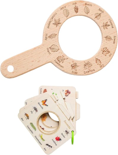 Vergrootglas voor kinderen, houten Montessori educatief speelgoed, ontdekvergrootglas en houten insectenkaartjes voor buitenavonturen, verjaardagscadeau voor jongens en meisjes vanaf 3 jaar.