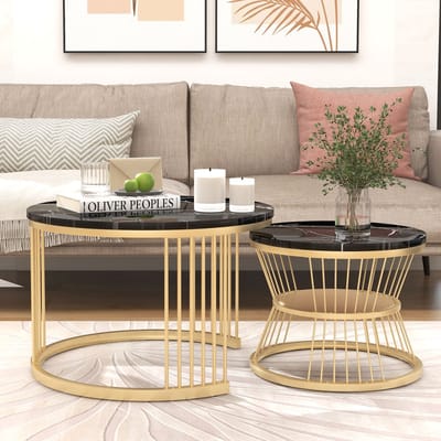 Ronde Zwarte Salontafel Set van 2 – Moderne Koffietafels & Bijzettafels Ø70/Ø45 cm – Metalen Frame voor Woonkamer