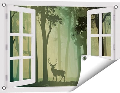 Gards Tuinposter Doorkijk Hert in het Bos - Silhouet - 60x40 cm - Tuindoek - Tuindecoratie - Wanddecoratie buiten - Tuinschilderij