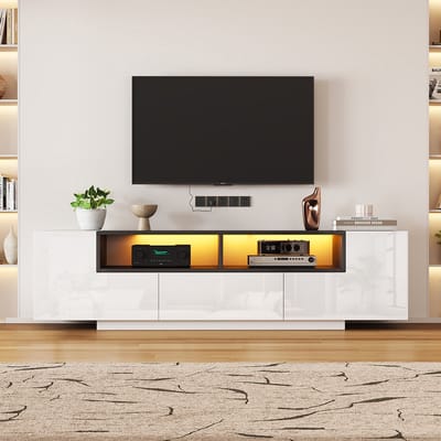 Pugsdrly TV-meubel op voet 180*40*48 cm, laag meubel met LED-verlichting, L-vormig tv-meubel met lades, woonkamermeubel, tv-meubel, glanzend wit tv-meubel, geschikt voor 75 inch tv's, wit + zwart