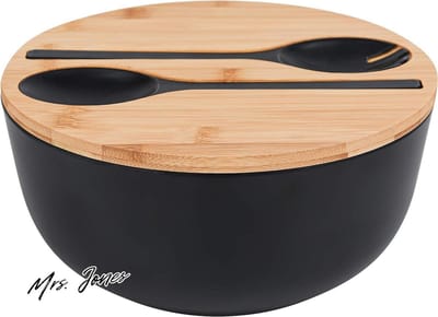 Mrs. Jones Slakom Servers Set Grote 98 inch Mengkommen Massief Bamboe Salade Houten Kom met Bamboe Deksel Lepel Fruit Salades Decoratie Zwart 98 INCH .