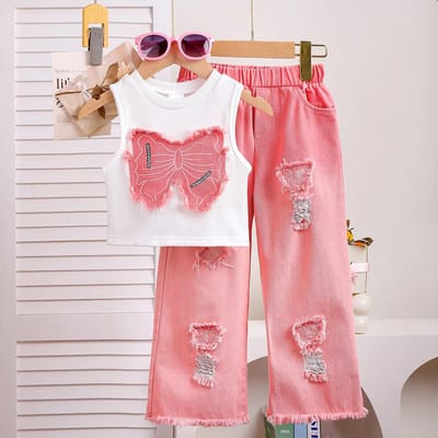2025 Zomer 4-6 Jaar Oud Streetwear Meisjes Sets Mouwloos Vlinder Vest+Roze Cowboy Piercing Patch Broek 2-Delige Set 5Y roze