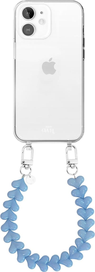 xoxo Wildhearts siliconen hoesje - Geschikt voor iPhone 12 hoesje - Funky Hearts - Telefoonhoesje - Hoesje met koord - Lichtblauw koord - kort telefoonkoord - Hartjes ketting - Transparant hoesje