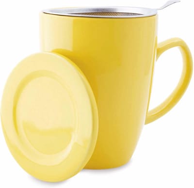 Theemok met Theefilter en Deksel - Keramiek - Inclusief RVS Theezeef - 350 ml - Geel