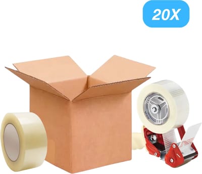 Professionele Verzenddozen (S) (20 Stuks) + Tape Dispenser + Tape | Bruin - 19.4x17x17 cm - Karton - Vouwdoos - Kartonnen Dozen - Golf Doos - Voor Efficiënt en Veilig Verzenden - Liter